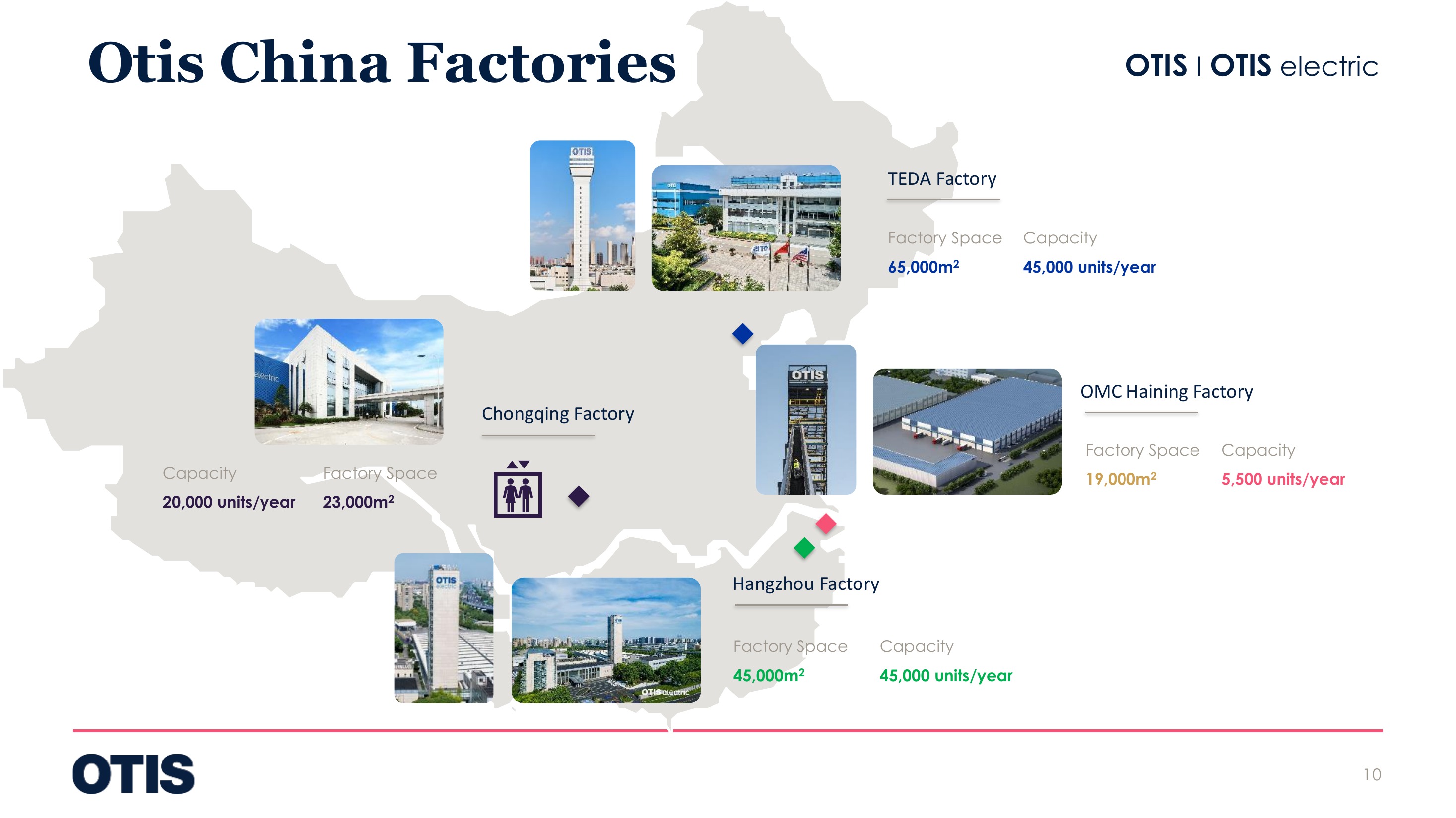 Map of Otis China factories in Tianjin TEDA, Chongqing, Haining OMC and Hangzhou